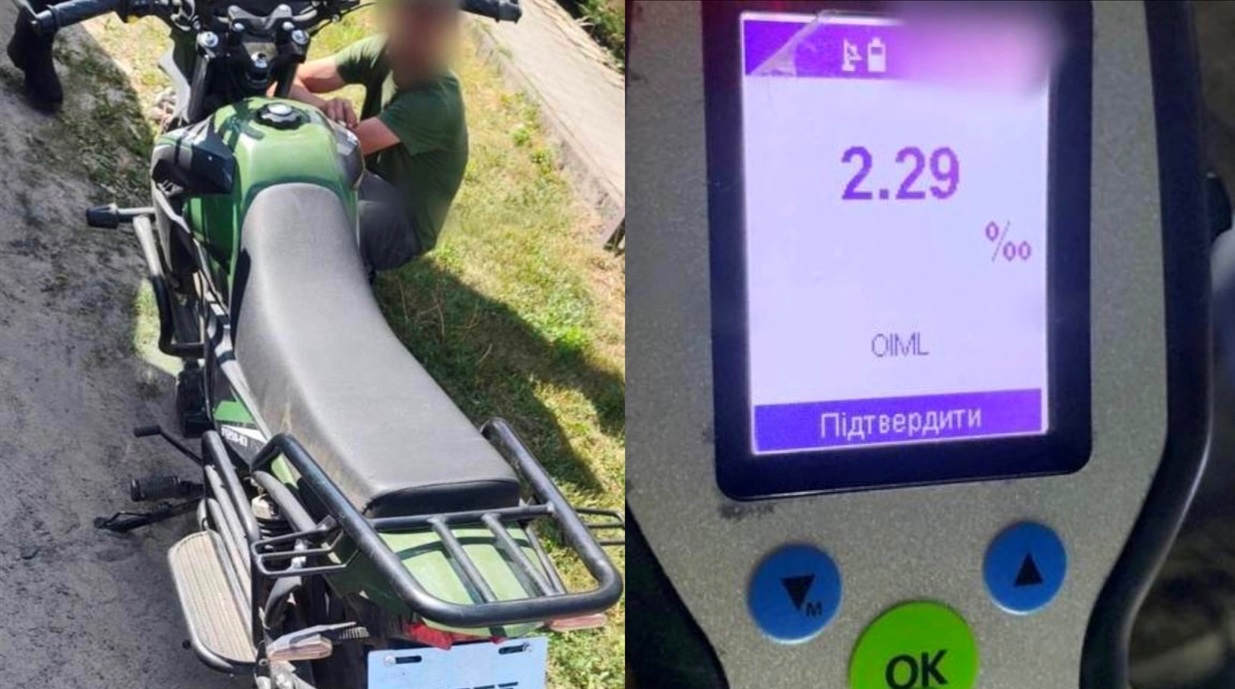 Зупинений мотоцикл і результат огляду за допомогою алкотестеру.